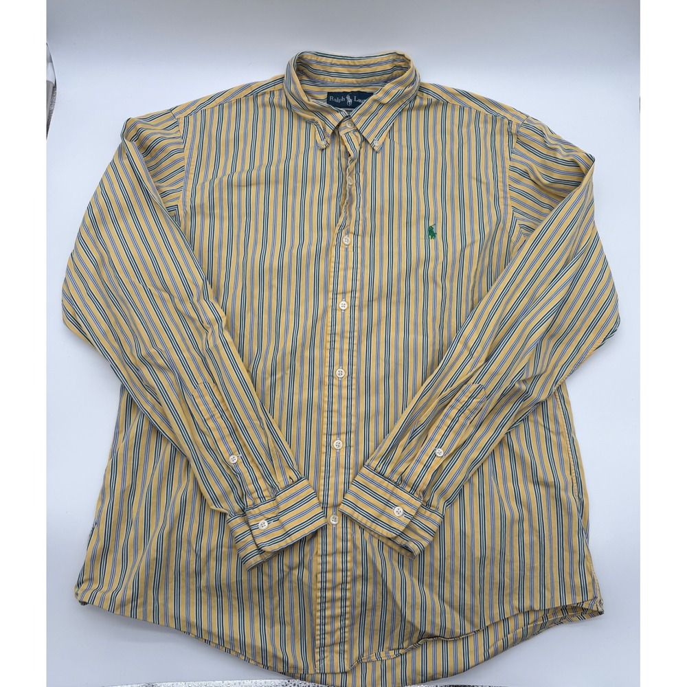 Ralph Lauren Custom Fit Striped Button Down Shirt Mens Large Yellow Blue